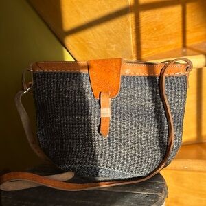 Tan and Blue Crossbody Bag with Textured Design